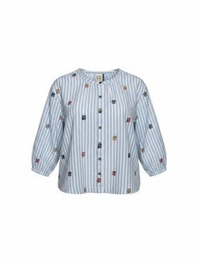 Women’s Light Blue Striped Button-Front Top with Embroidered Accents